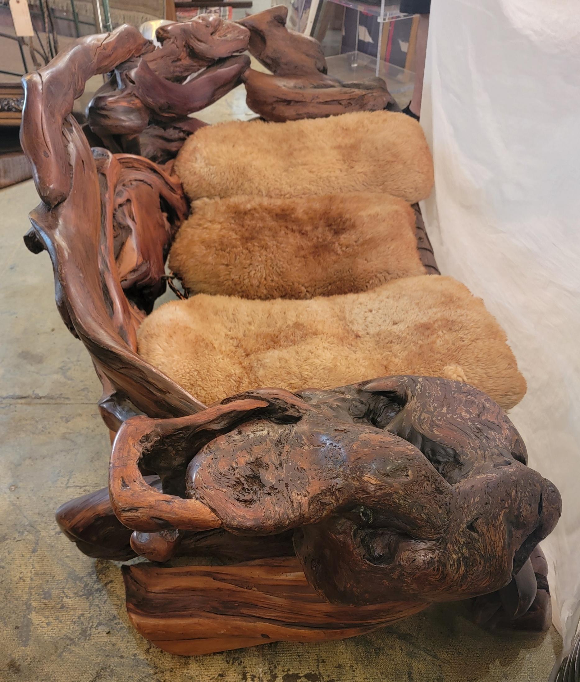 1960s Vintage Free Form Slab Redwood Settee Sheep Skin Three Seater For Sale 1