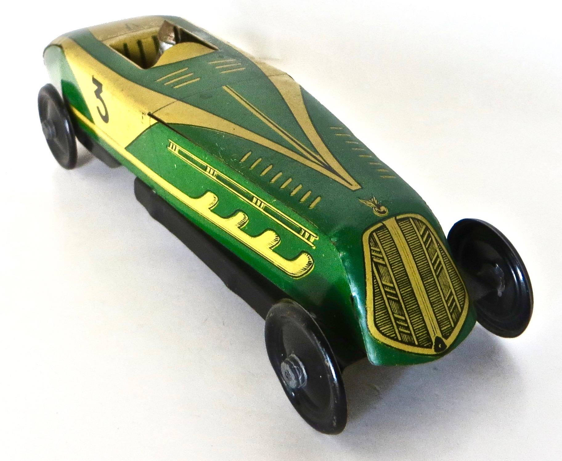 Folk Art Vintage Free Wheeling Green Lithographed All Tin Racing Car. French, Circa 1930 For Sale