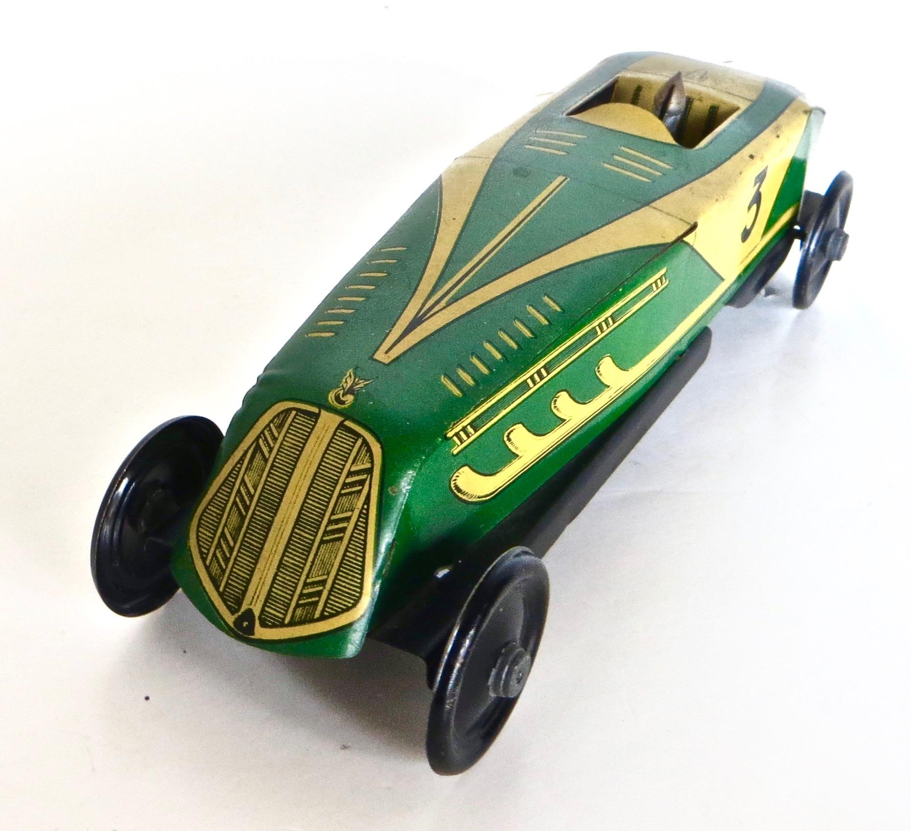 Metalwork Vintage Free Wheeling Green Lithographed All Tin Racing Car. French, Circa 1930 For Sale