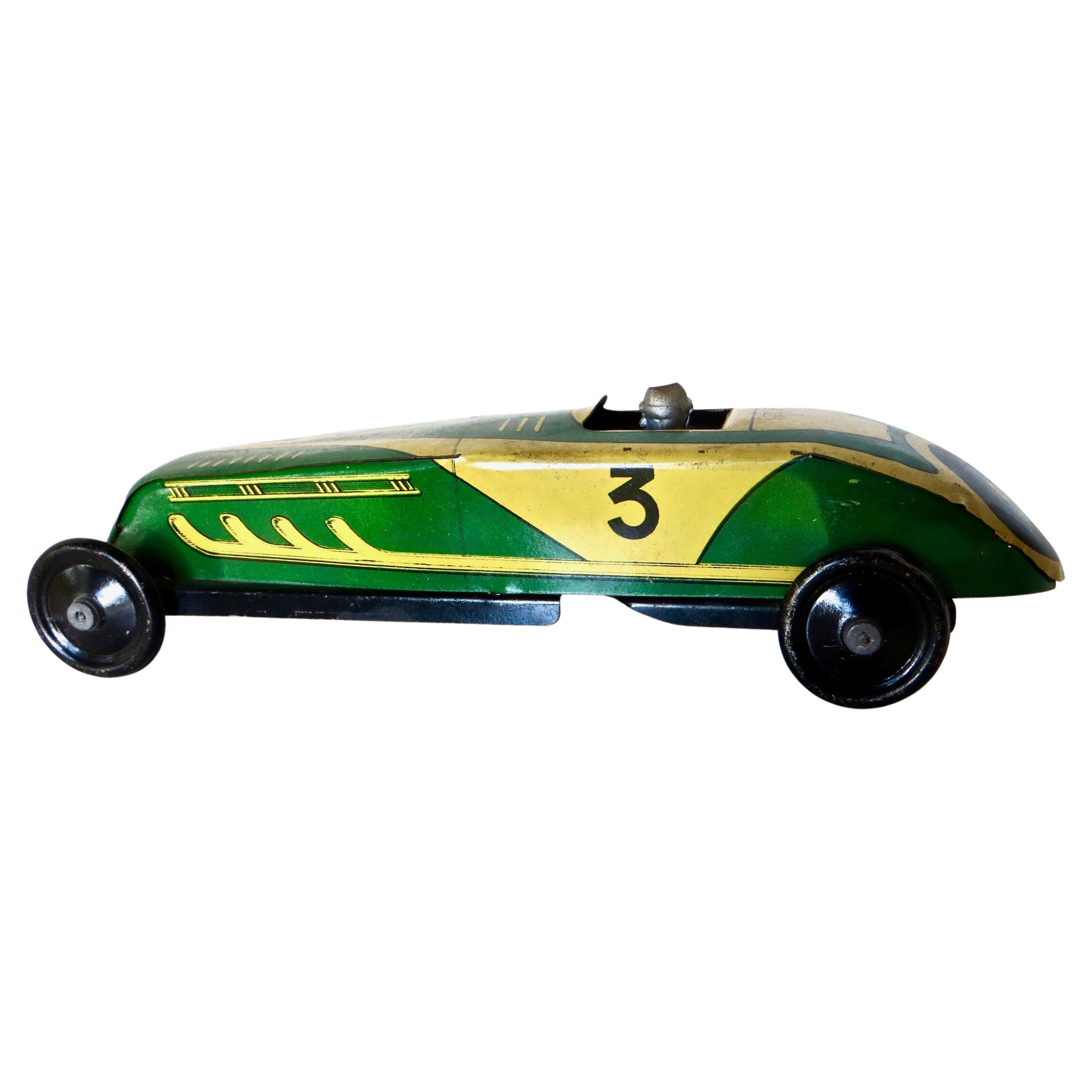 Vintage Free Wheeling Green Lithographed All Tin Racing Car. French, Circa 1930 For Sale