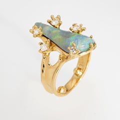 Vintage Freeform Opal Diamond Ring 18k Yellow Gold Sz 5.5 Abstract Jewelry