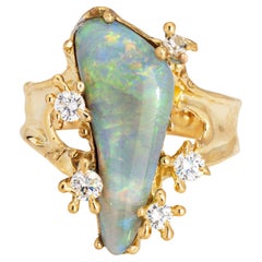Bague vintage abstraite en or jaune 18 carats avec opale de forme libre et diamants, taille 5,5