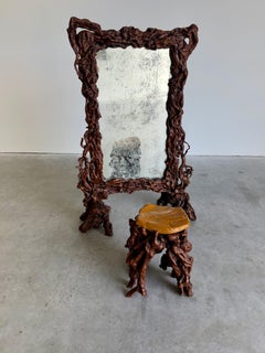 Vintage Freestanding Floor Mirror in Sculpted Tree Root Burl Frame With Stool