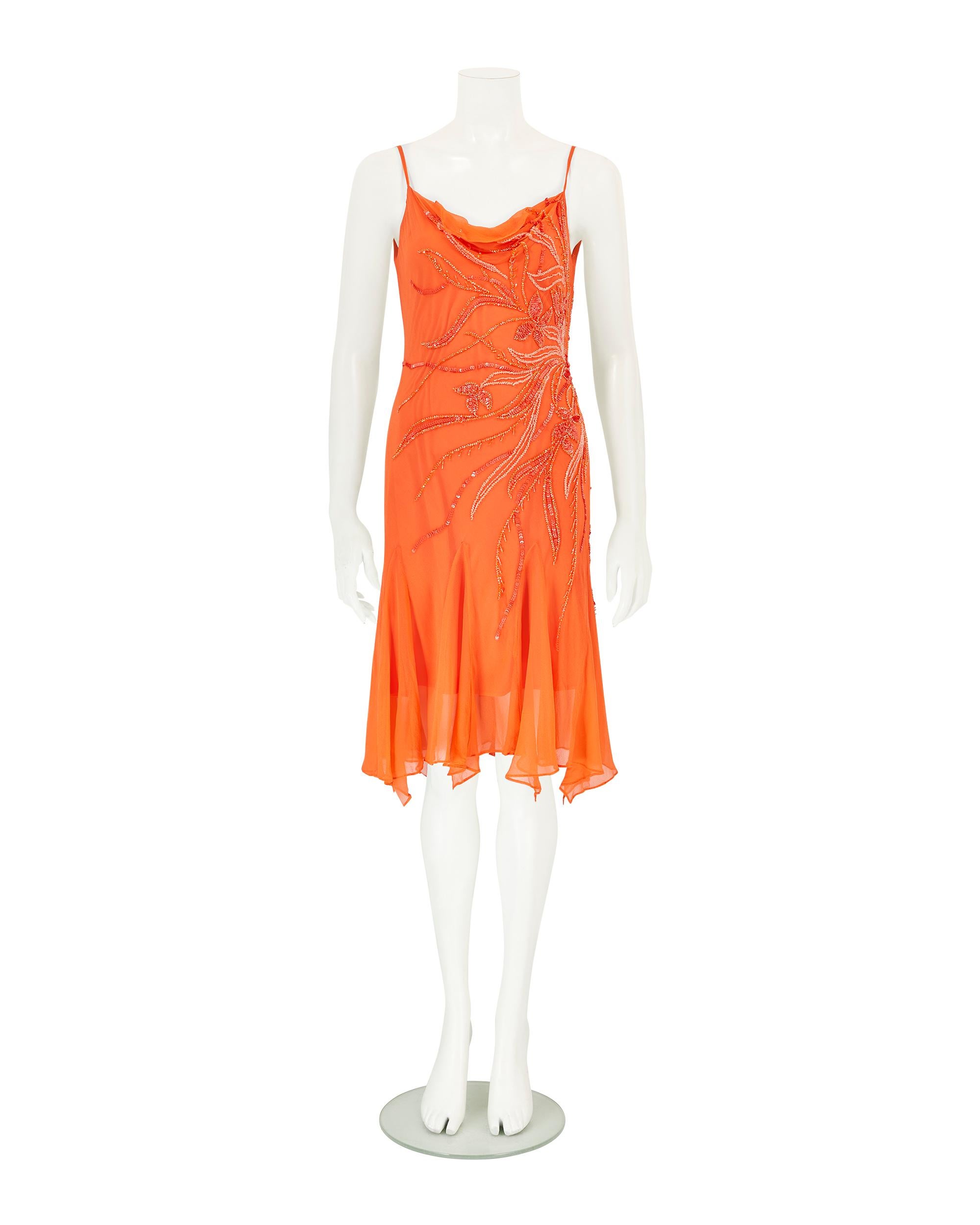 Rosso Abito vintage in 100% seta arancione con perline e sciarpa in vendita
