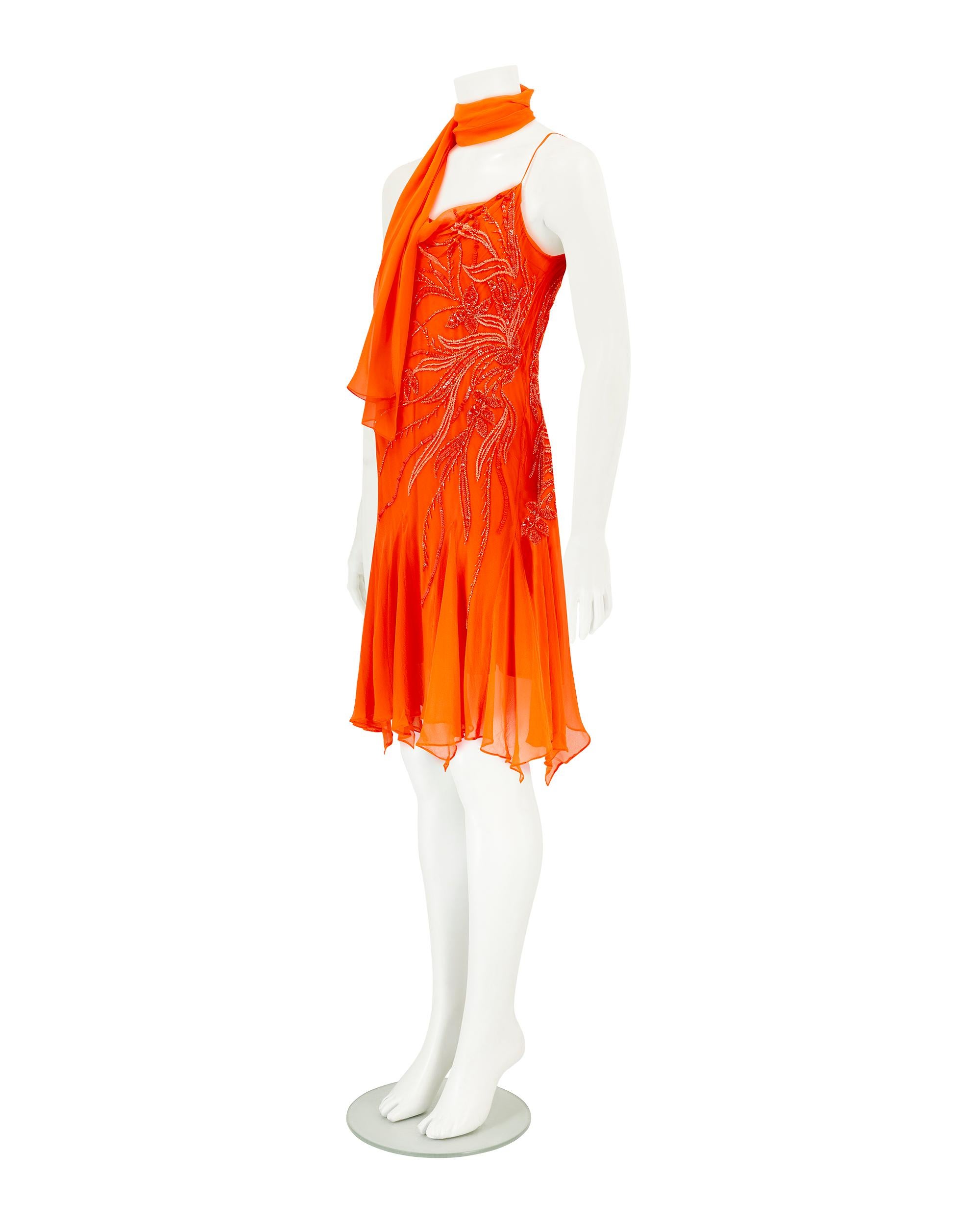 Abito vintage in 100% seta arancione con perline e sciarpa In condizioni buone in vendita a Wembley, GB