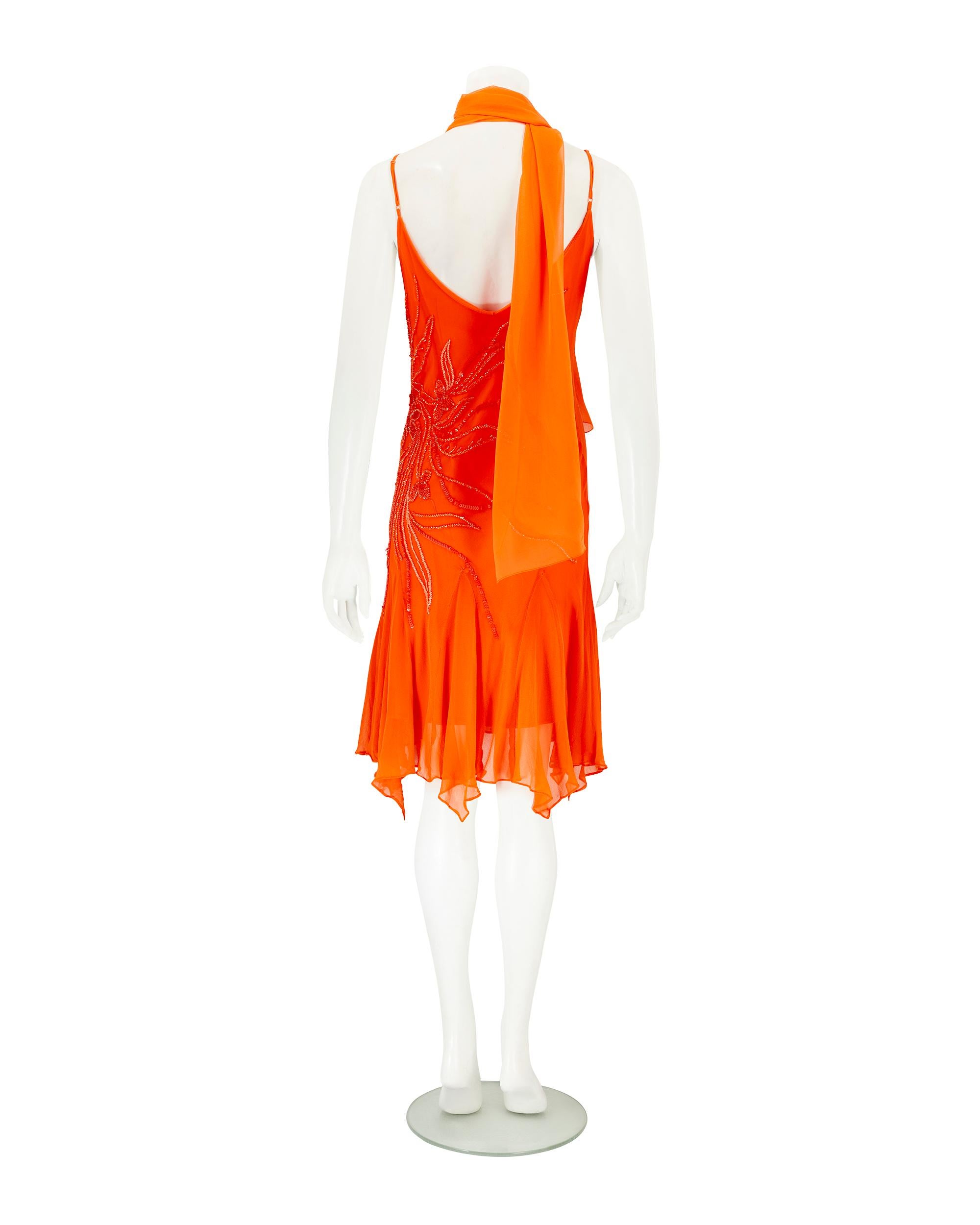 Donna Abito vintage in 100% seta arancione con perline e sciarpa in vendita
