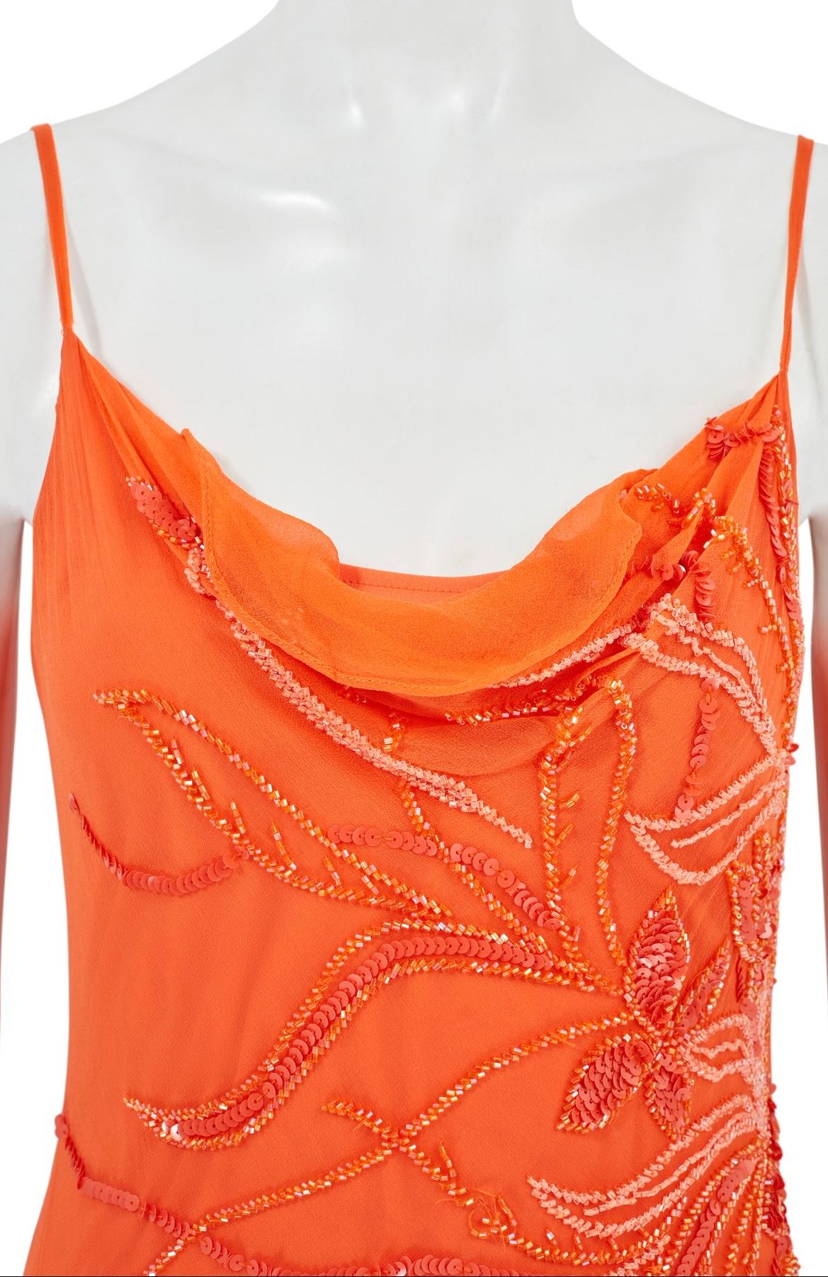 Abito vintage in 100% seta arancione con perline e sciarpa in vendita 1