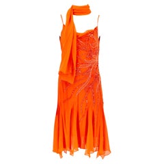 Vintage French 100% Silk Orange Beaded Dress with Scarf
