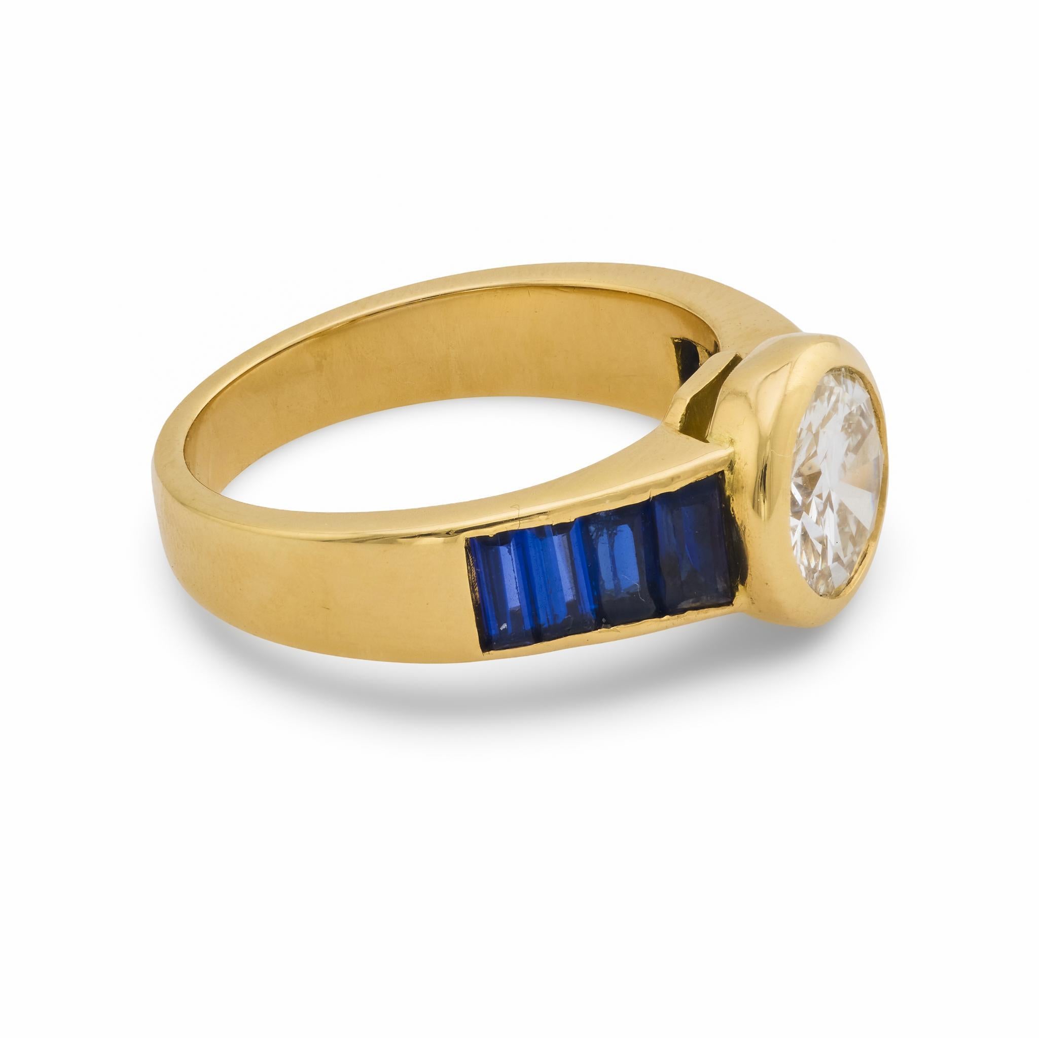 Anello di fidanzamento francese d'epoca con zaffiro e diamante da 1,20 carati in oro giallo 18k In condizioni buone in vendita a Beverly Hills, CA