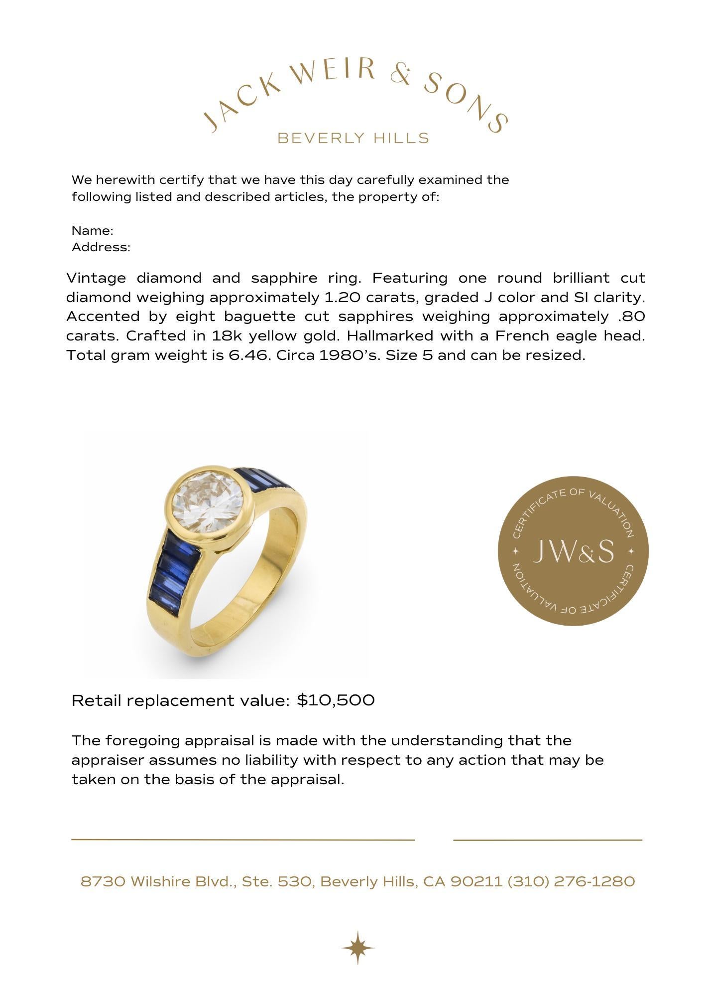 Anello di fidanzamento francese d'epoca con zaffiro e diamante da 1,20 carati in oro giallo 18k in vendita 2