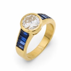 Vintage French 1.20 carat diamond sapphire 18k yellow gold bezel engagement ring