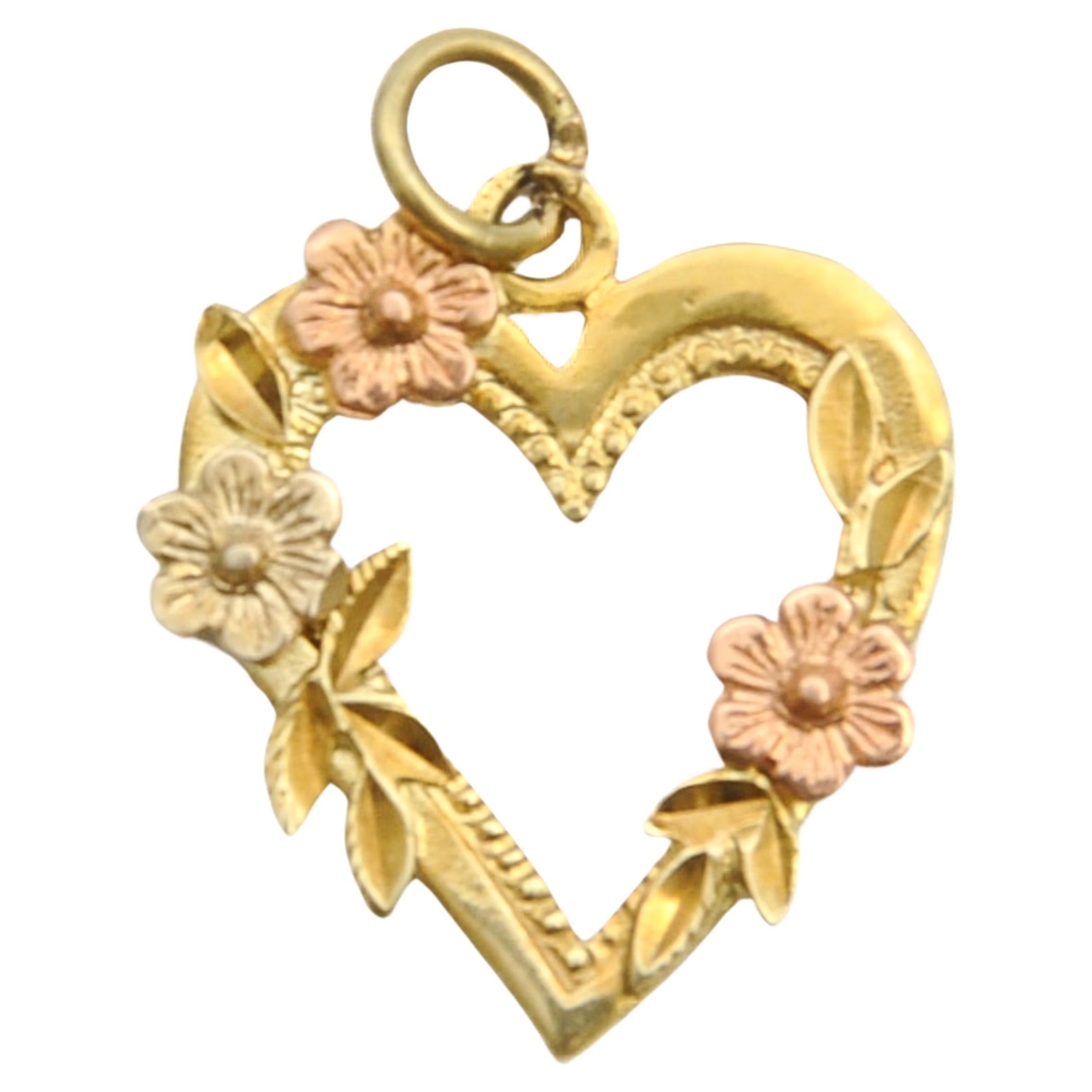 Vintage French 14K Gold Floral Heart Love Charm Pendant  For Sale