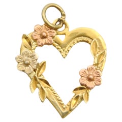 Französischer 14 Karat Gold Floral Heart Love Charm-Anhänger, Vintage 