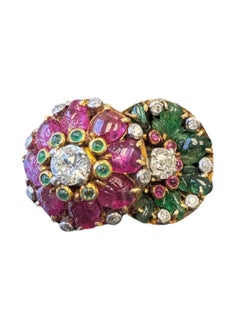 Vintage French 14K Yellow Gold Carved Emerald, Ruby & Diamond Double Flower Ring