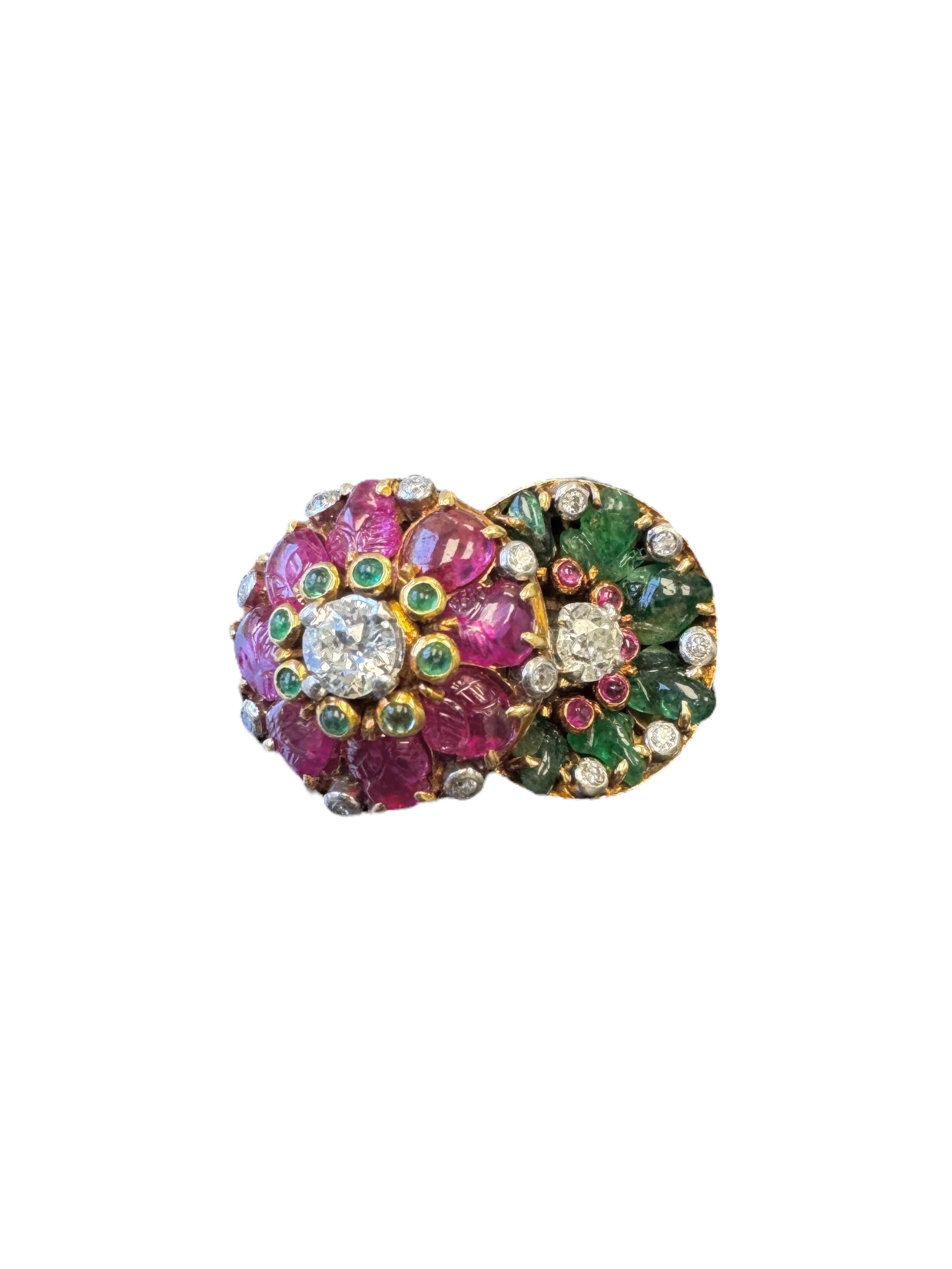 Vintage French 14K Yellow Gold Carved Emerald, Ruby & Diamond Double Flower Ring en vente