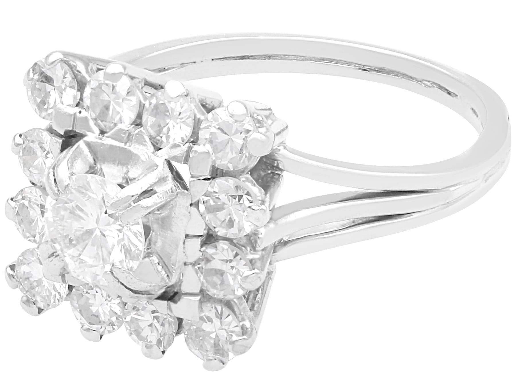 Round Cut Vintage French 1.51 Carat Diamond and 18k White Gold Cluster Ring For Sale