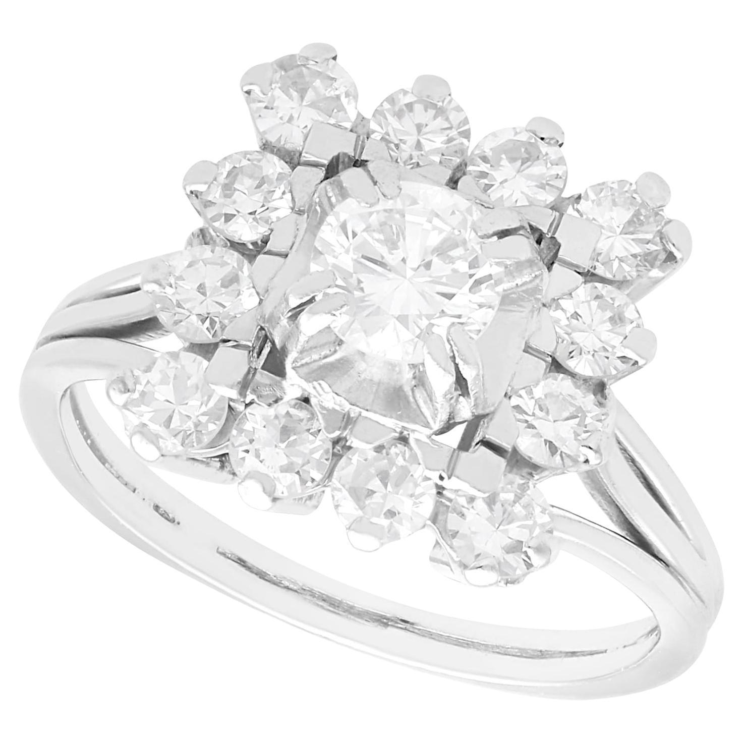 Vintage French 1.51 Carat Diamond and 18k White Gold Cluster Ring For Sale
