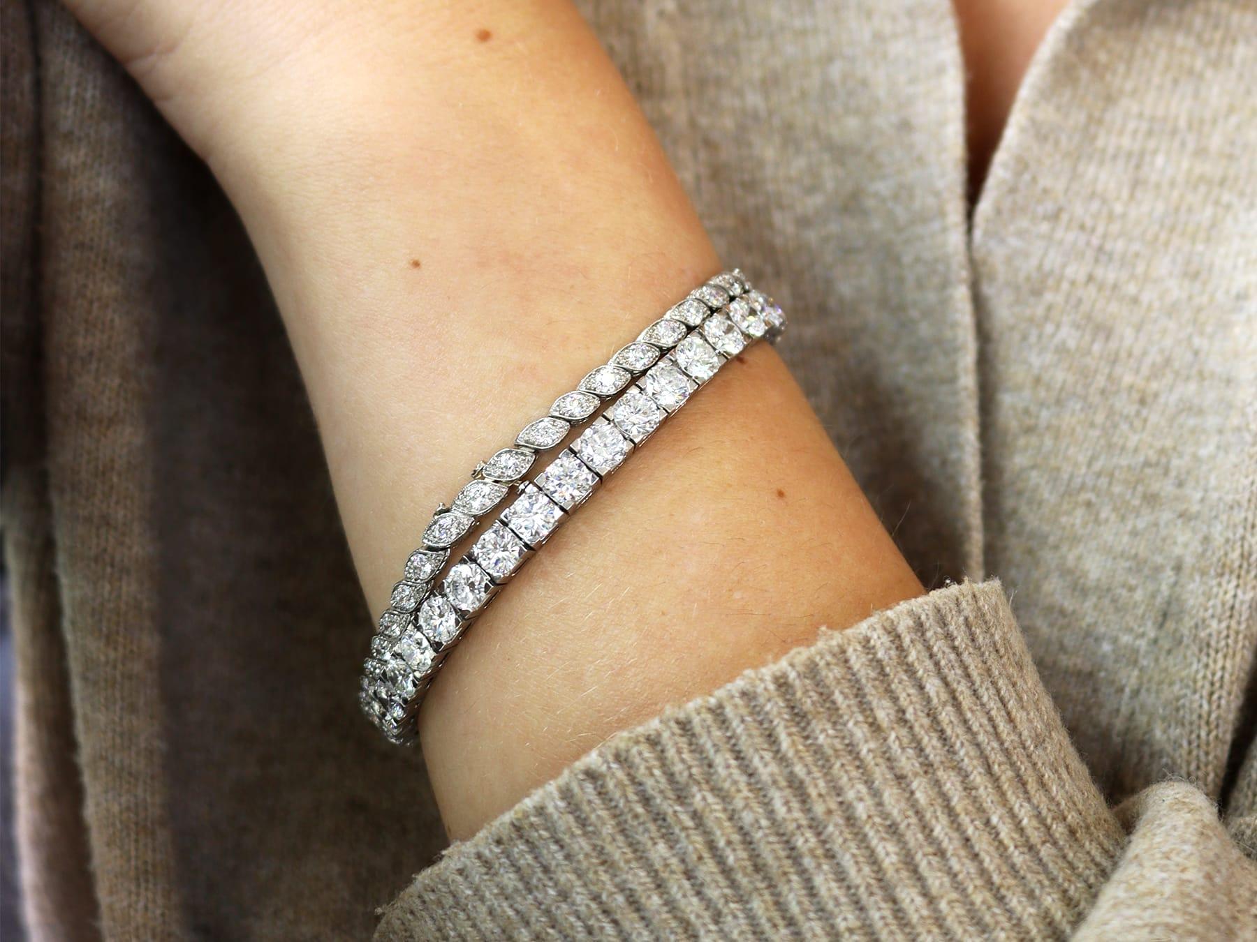 A stunning, fine and impressive vintage French 16.75 carat diamond and platinum bracelet; part of our diverse collection of vintage diamond bracelets.

This stunning, fine and impressive vintage diamond bracelet has been crafted in platinum with an