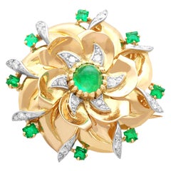 Broche française vintage en or jaune 18 carats avec diamants et émeraude de 1,70 carat