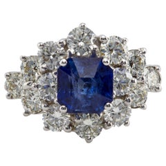 Vintage French 1.78 Carat Sapphire and Diamond 18k White Gold Ring