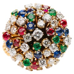 Vintage, French, 18 Carat Yellow Gold Sapphire, Emerald and Diamond Cluster Ring