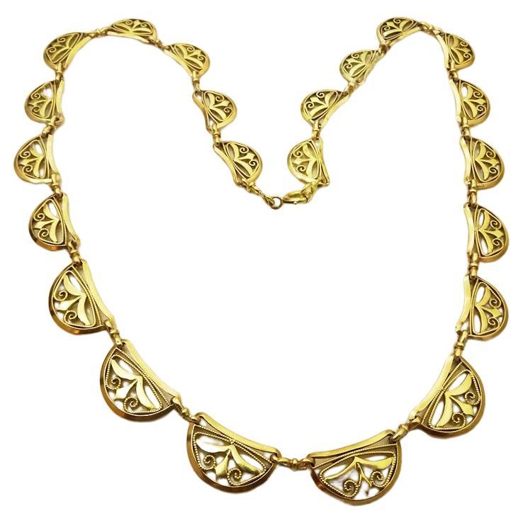 Vintage French 18 karat Gold Crescent Filigree Necklace
