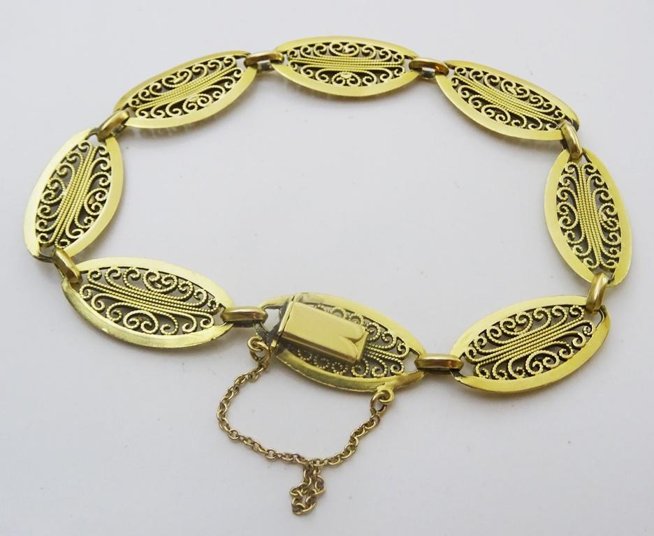 Art déco Bracelet français vintage filigrane en or 18 carats en vente