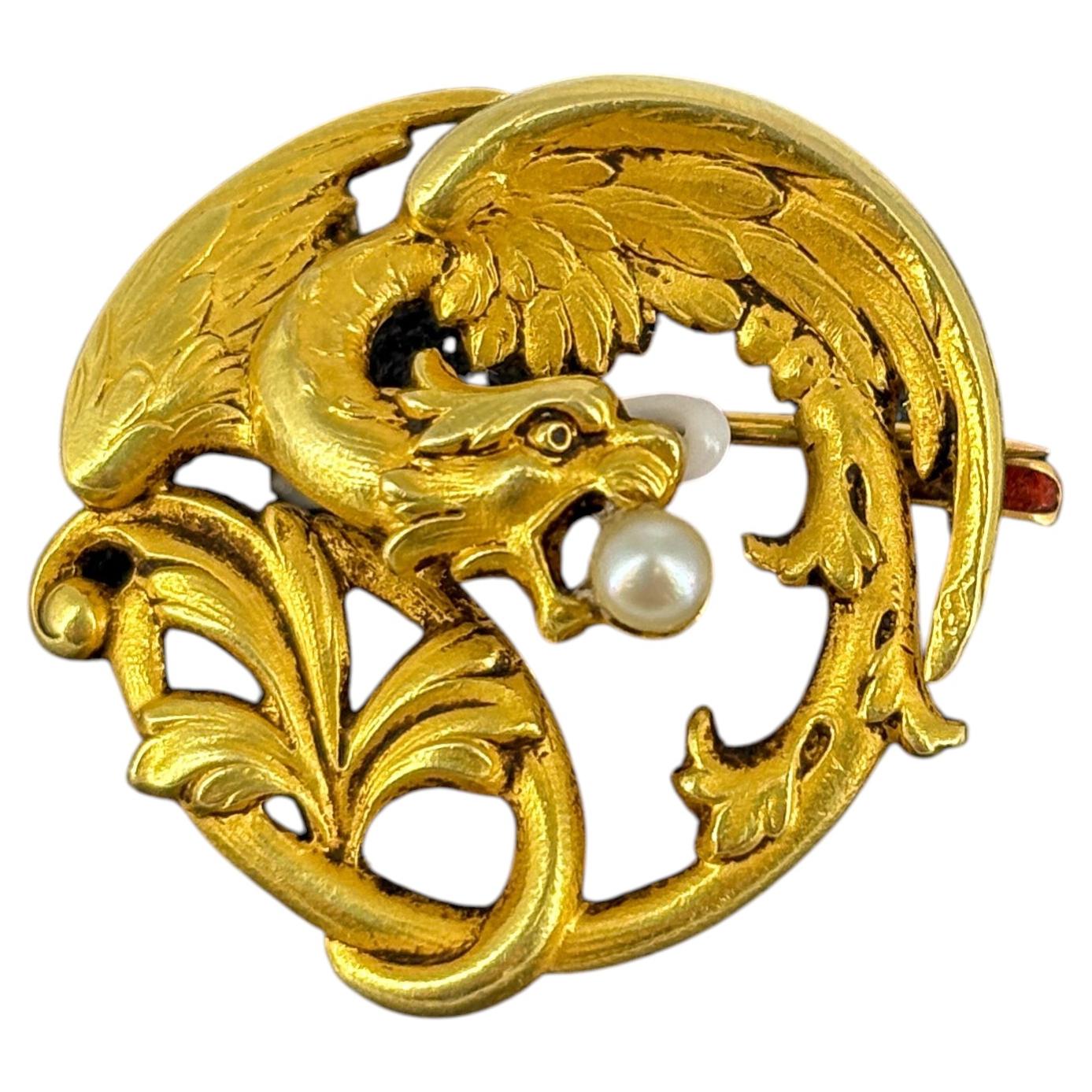 Vintage French 18-Karat Gold Mythological Beast Chimera Brooch Pendant Pearl