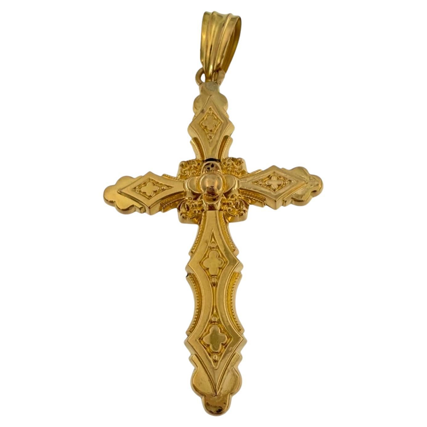 Croix française vintage en or rose 18 carats avec motifs de fleurs