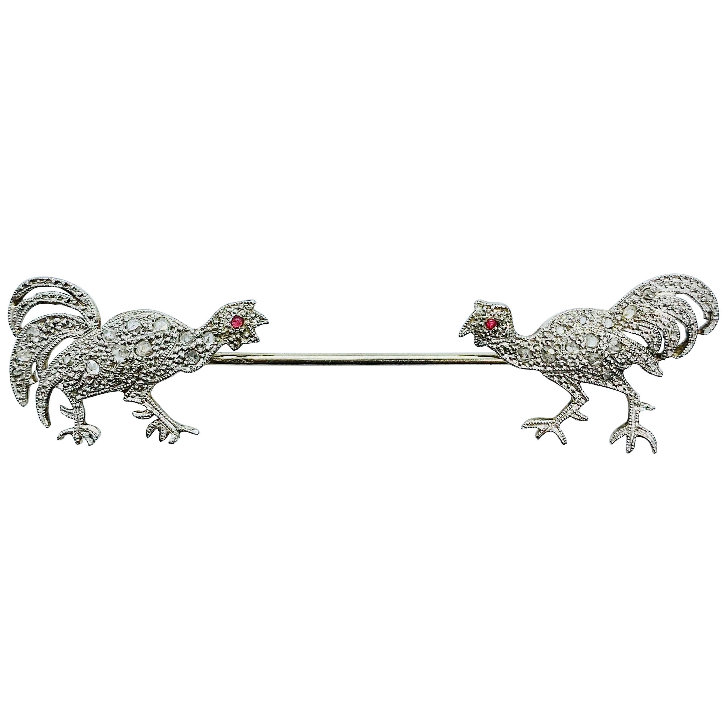 Vintage French 18 Karat White Gold Diamond and Ruby Rooster Jabot Pin For Sale