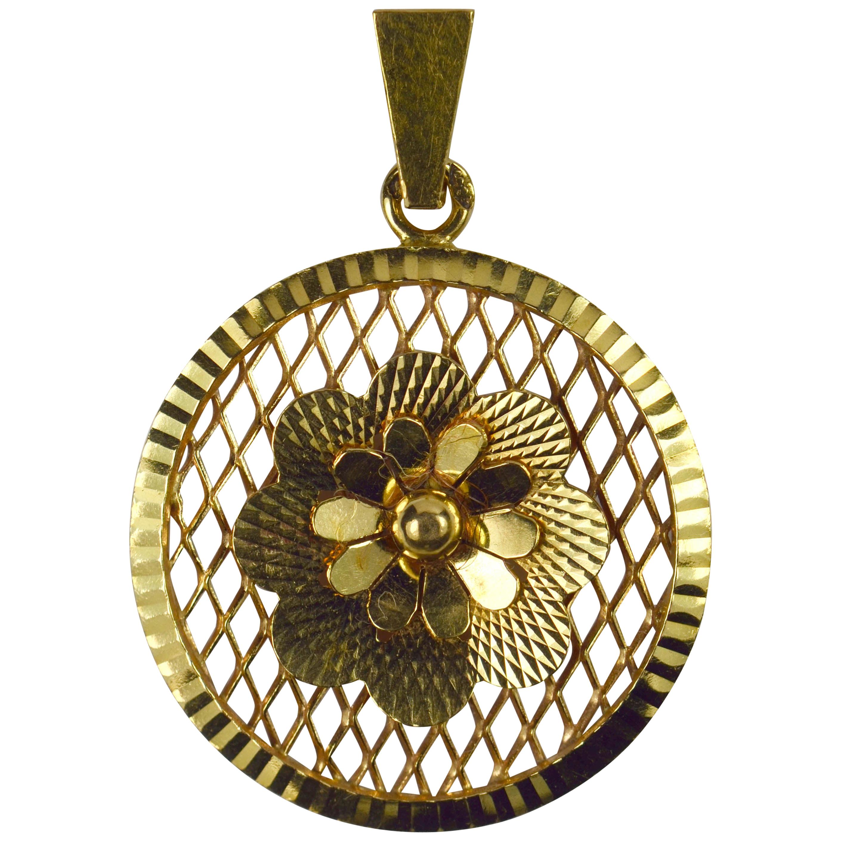 Vintage French 18 Karat Yellow Gold Filigree Flower Rosette Charm Pendant