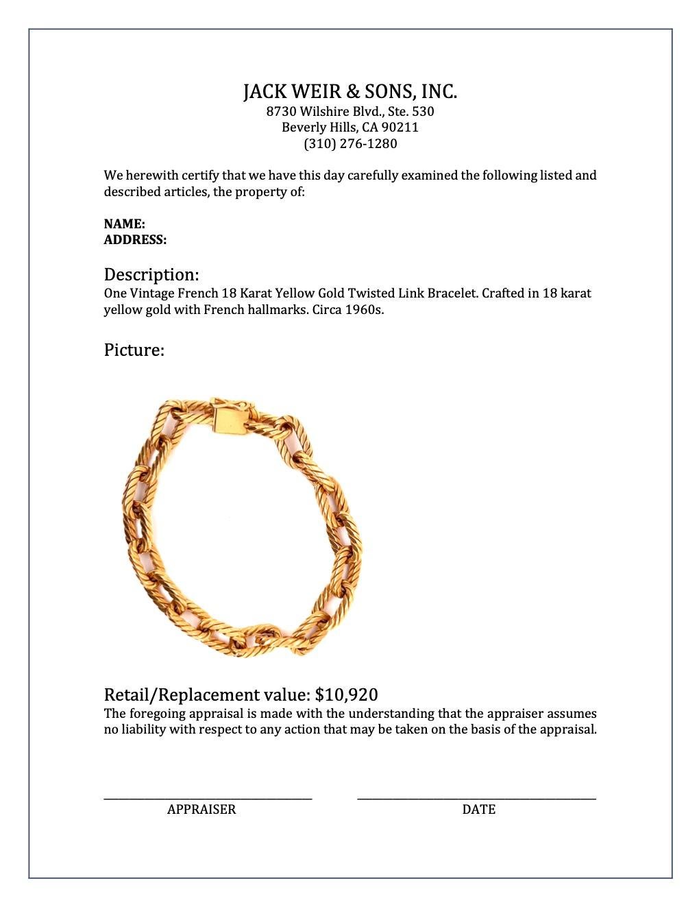 Women's or Men's Vintage French 18 Karat Yellow Gold Twisted Link Bracelet