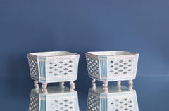 Vintage French 1890s Plant Pots In Fajance With White, Red and Blue Glaze
