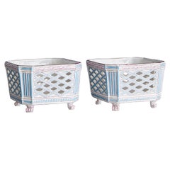 Vintage French 1890s Plant Pots In Fajance With White, Red and Blue Glaze