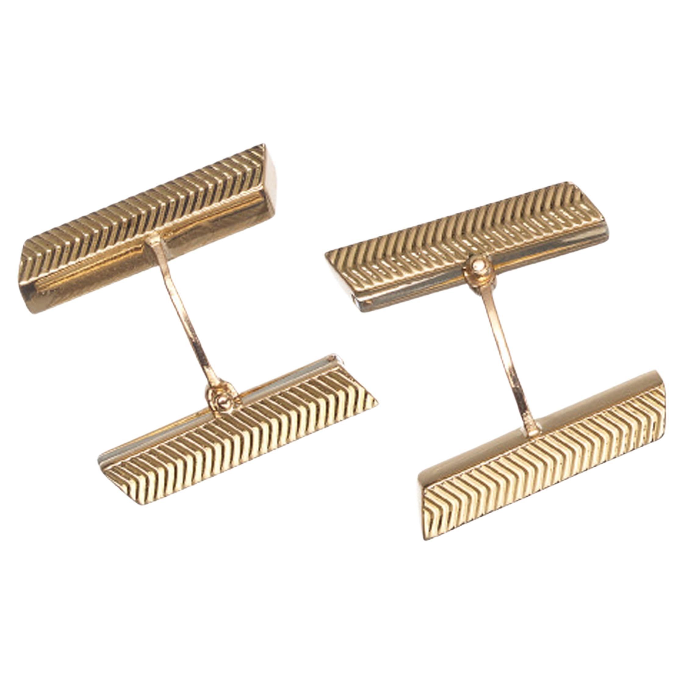 Vintage French 18ct Gold Herringbone Bar Cufflinks, Circa 1960