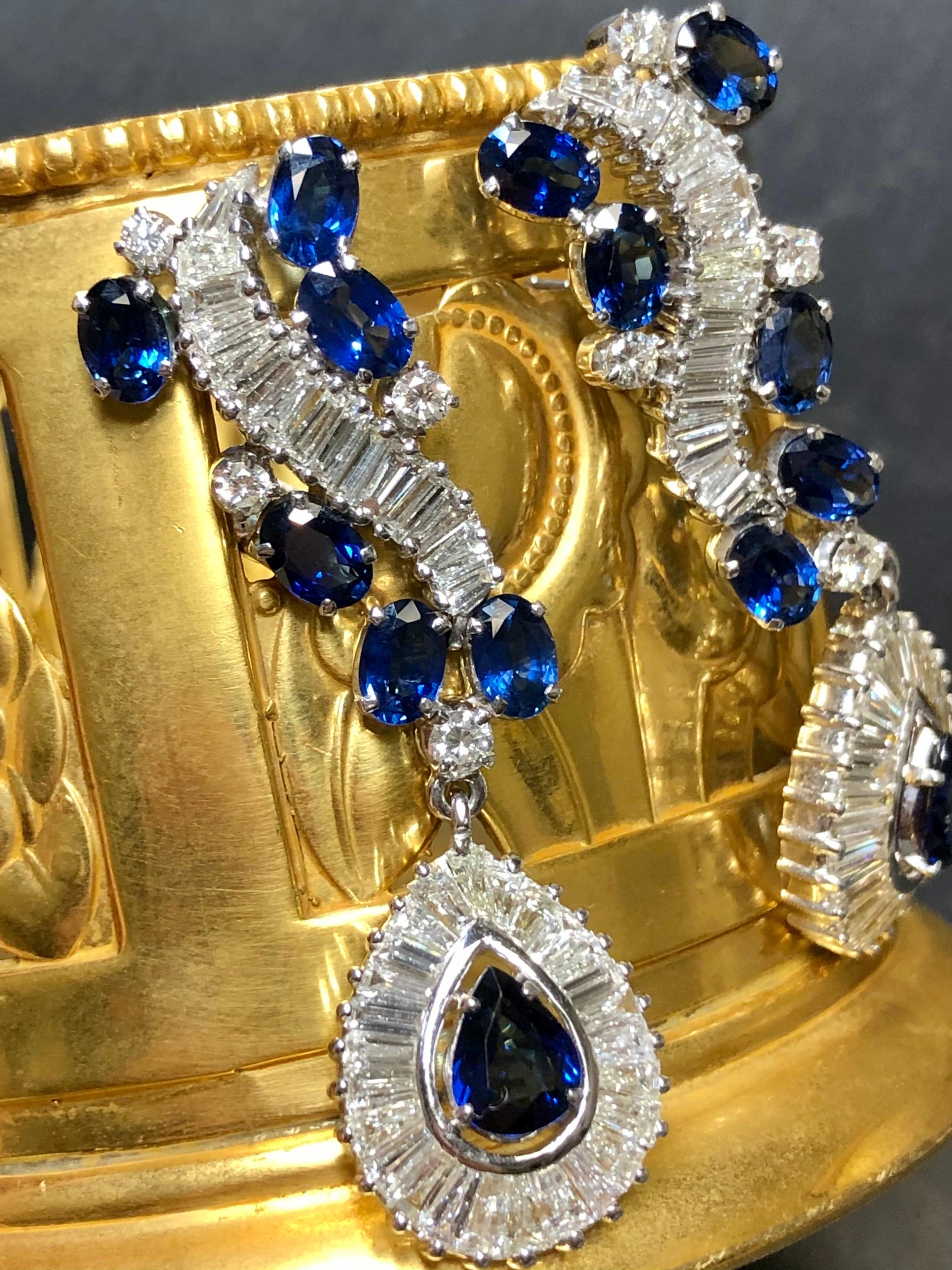 Retro Vintage French 18K Baguette Round Diamond Sapphire Drop Omega Earrings 16.40ctw For Sale