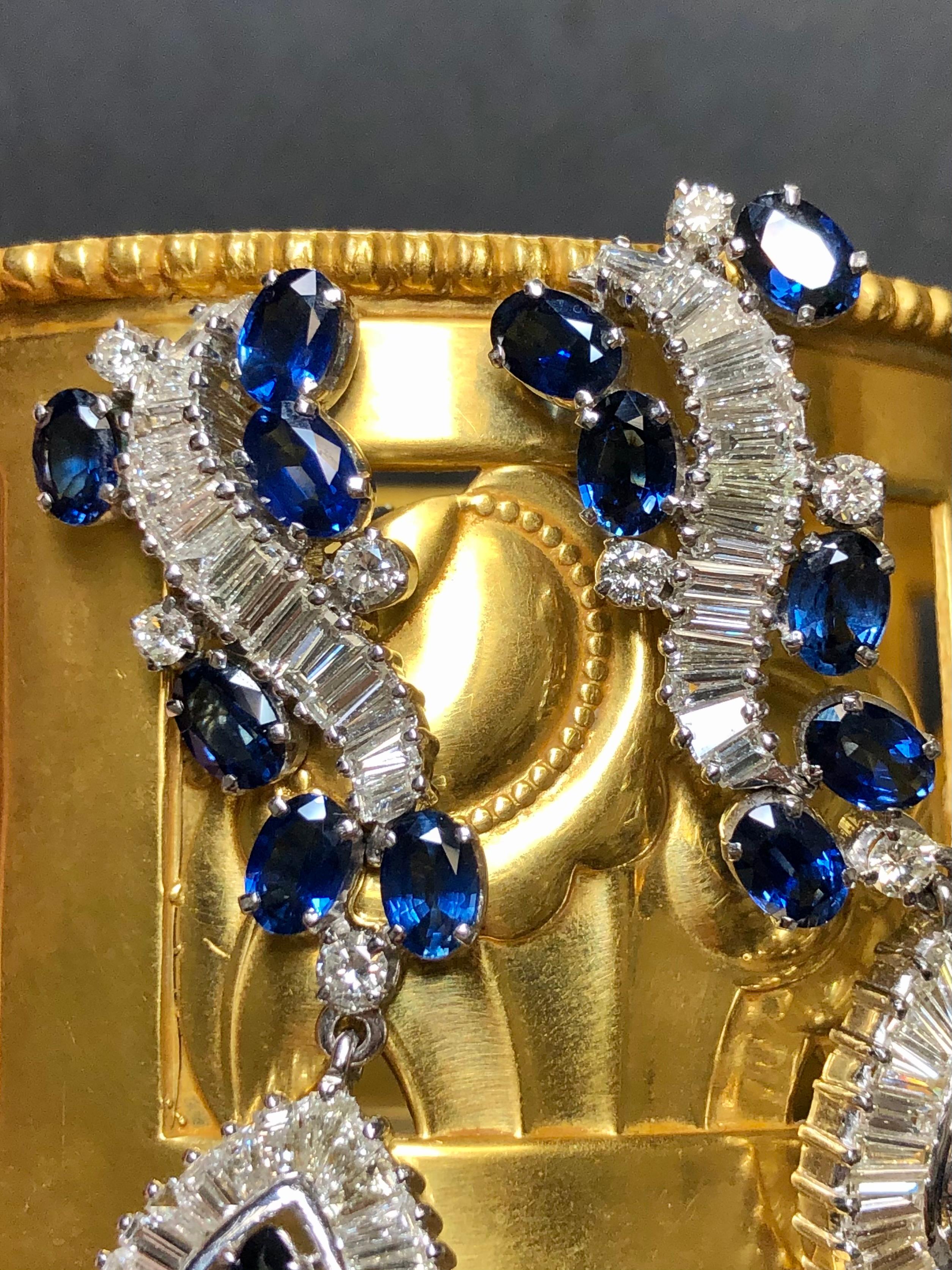 Vintage French 18K Baguette Round Diamond Sapphire Drop Omega Earrings 16.40ctw In Good Condition For Sale In Winter Springs, FL
