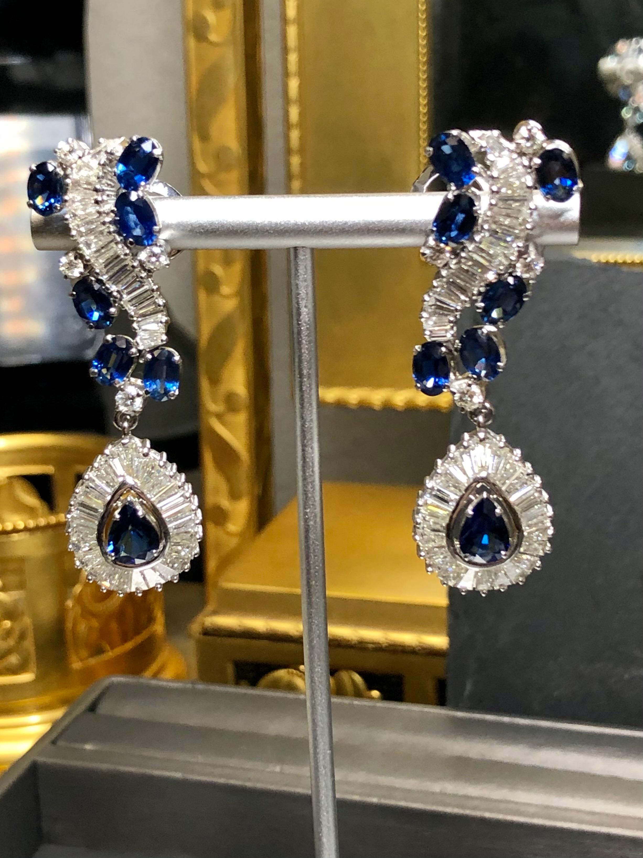Women's or Men's Vintage French 18K Baguette Round Diamond Sapphire Drop Omega Earrings 16.40ctw For Sale