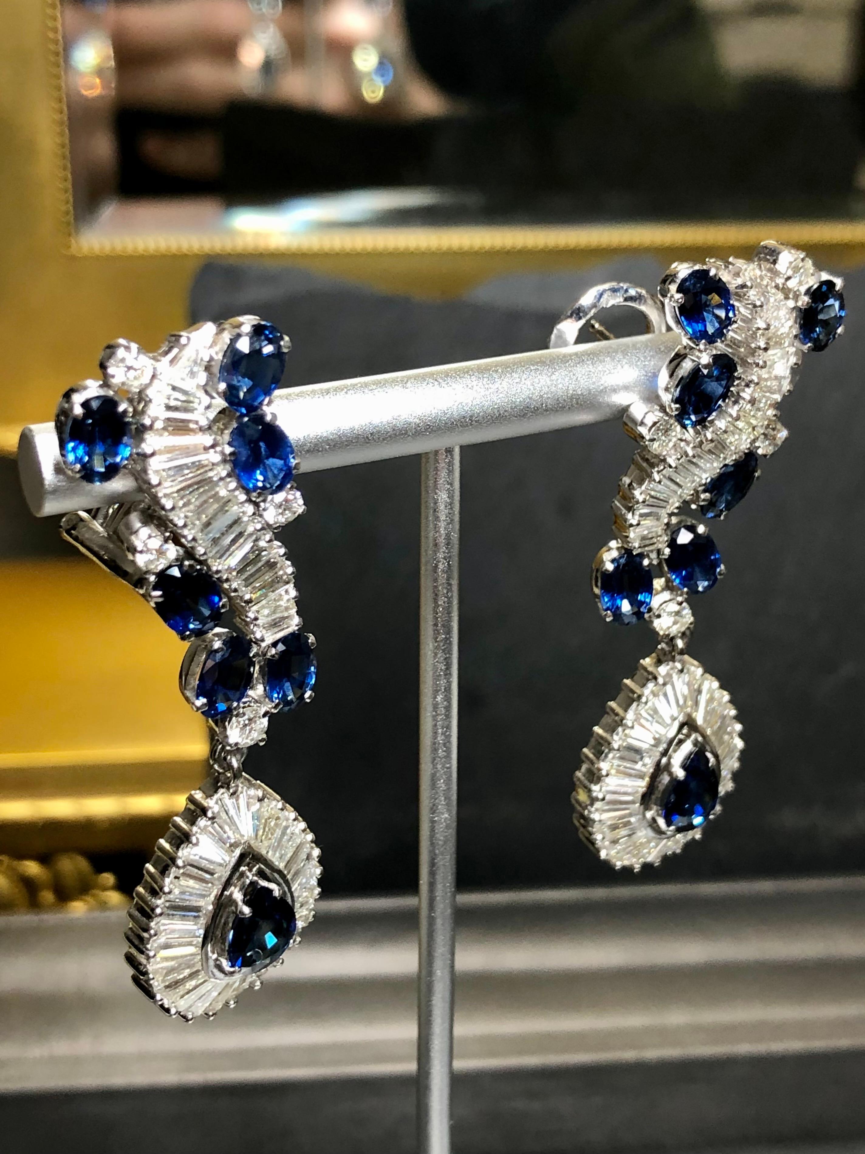 Vintage French 18K Baguette Round Diamond Sapphire Drop Omega Earrings 16.40ctw For Sale 1