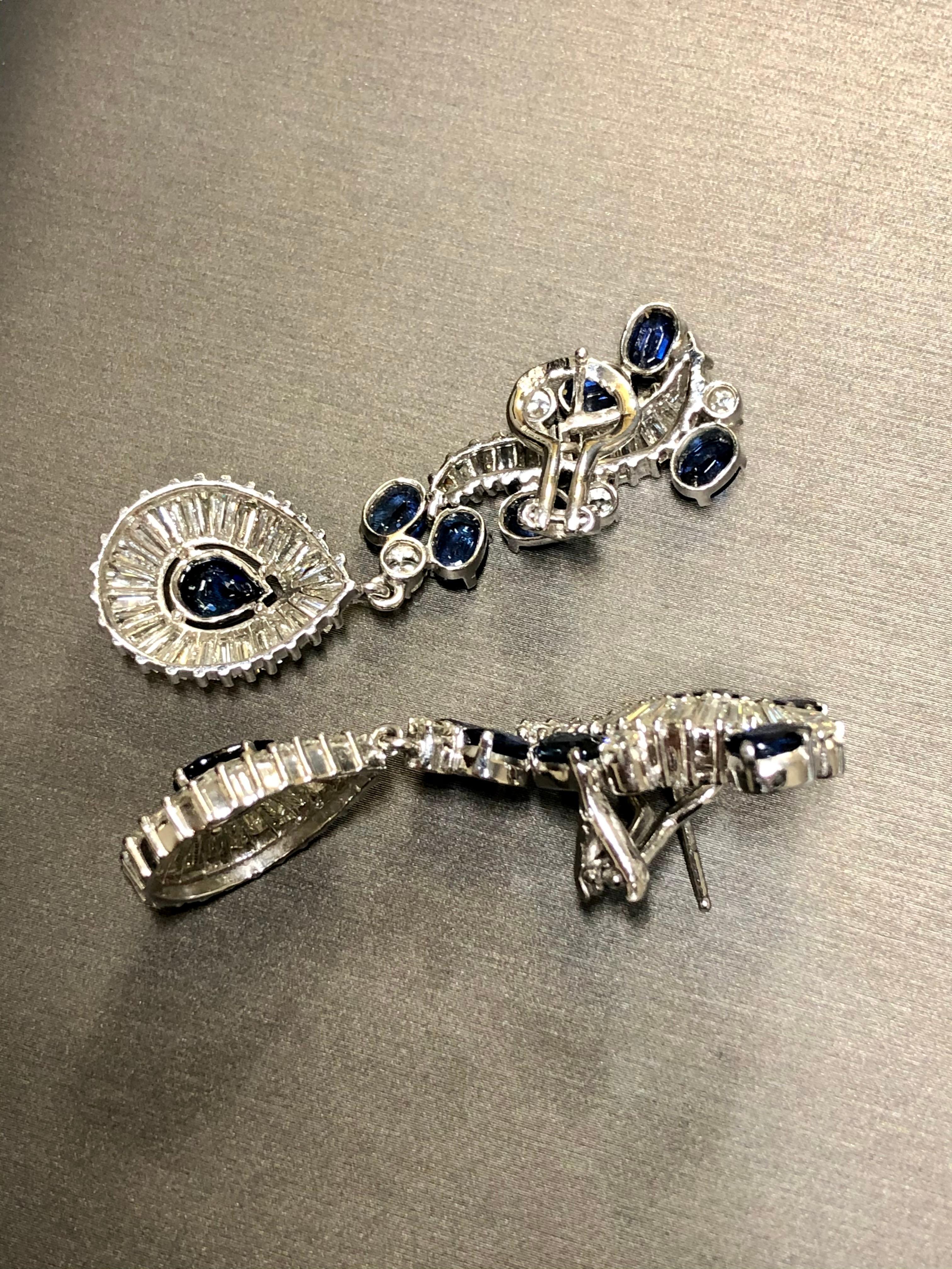 Vintage French 18K Baguette Round Diamond Sapphire Drop Omega Earrings 16.40ctw For Sale 3