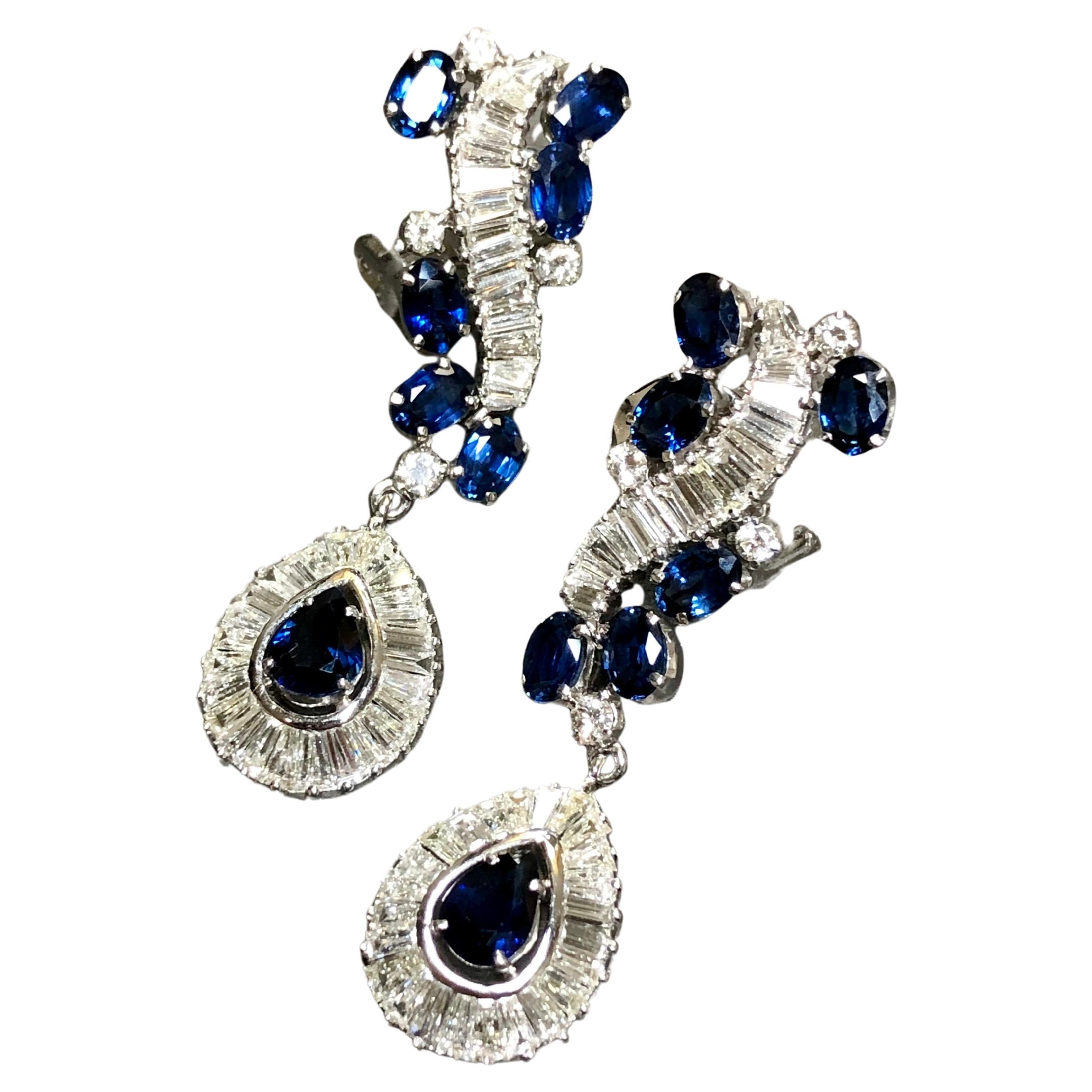 Vintage French 18K Baguette Round Diamond Sapphire Drop Omega Earrings 16.40ctw For Sale
