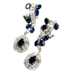 Vintage French 18K Baguette Round Diamond Sapphire Drop Omega Earrings 16.40ctw