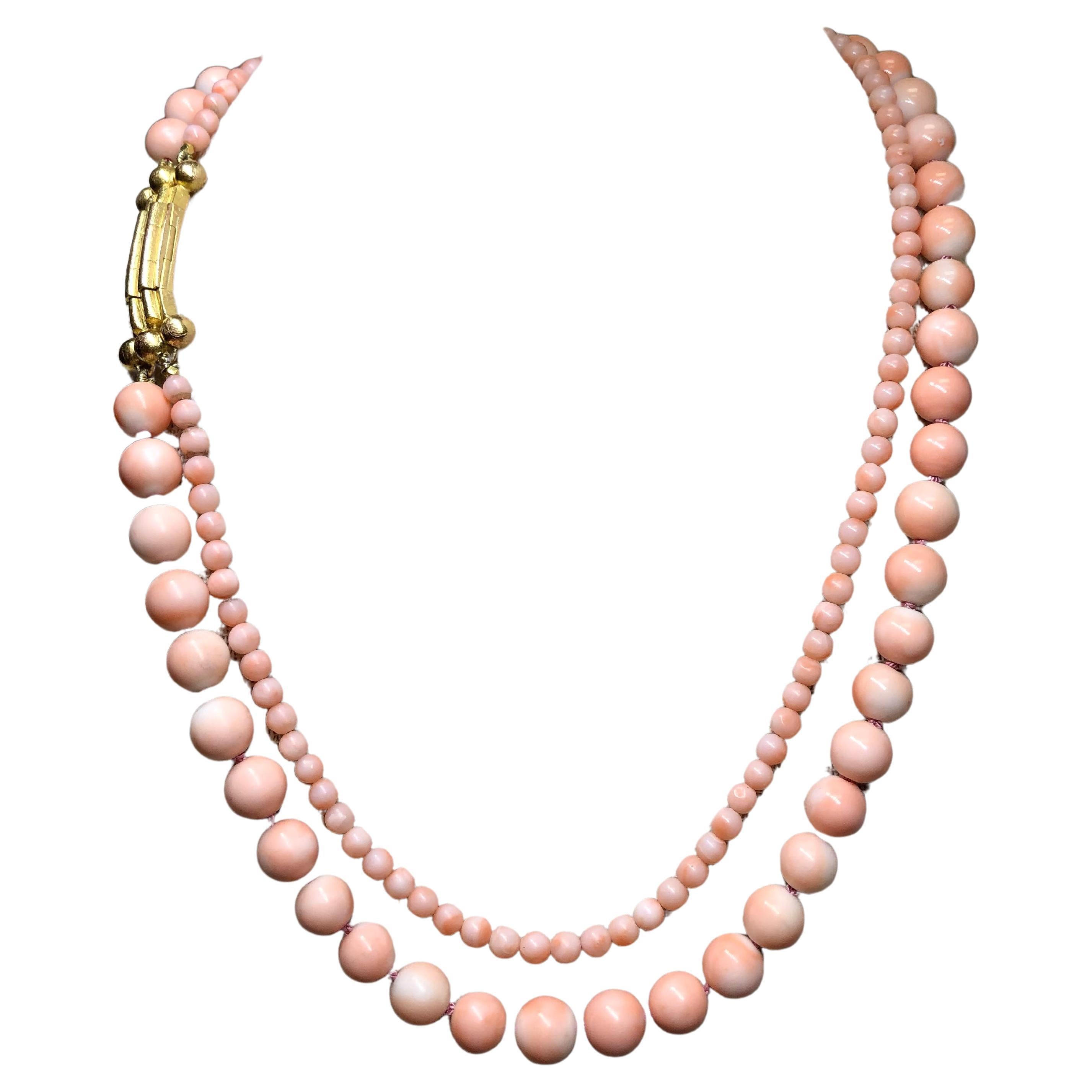 Vintage FRENCH 18K Fancy Clasp Double Coral Strand Necklace 18” For Sale