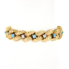 Vintage French 18k Gold Alternating Diamond & Turquoise Textured Link Bracelet