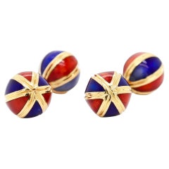 Vintage French 18K Gold and Blue 
Red Enamel Ball Cufflinks