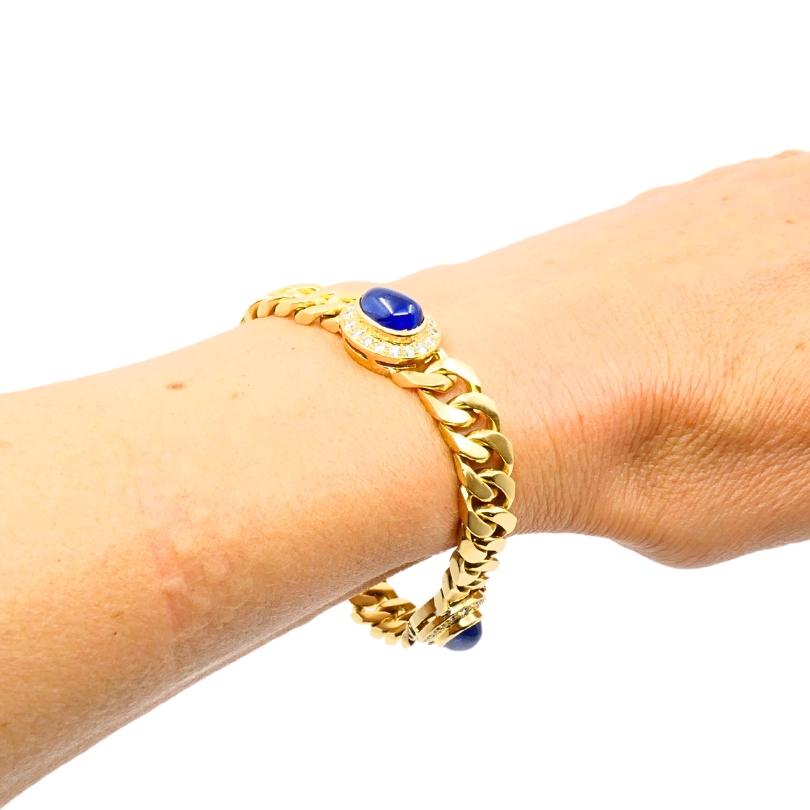 Vintage French 18k Gold Armband Curb Link Sapphire (Gemischter Schliff) im Angebot
