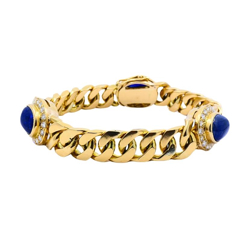 Vintage French 18k Gold Armband Curb Link Sapphire für Damen oder Herren im Angebot
