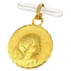 Vintage French 18K Gold Child Profile Baptismal Medal Pendant