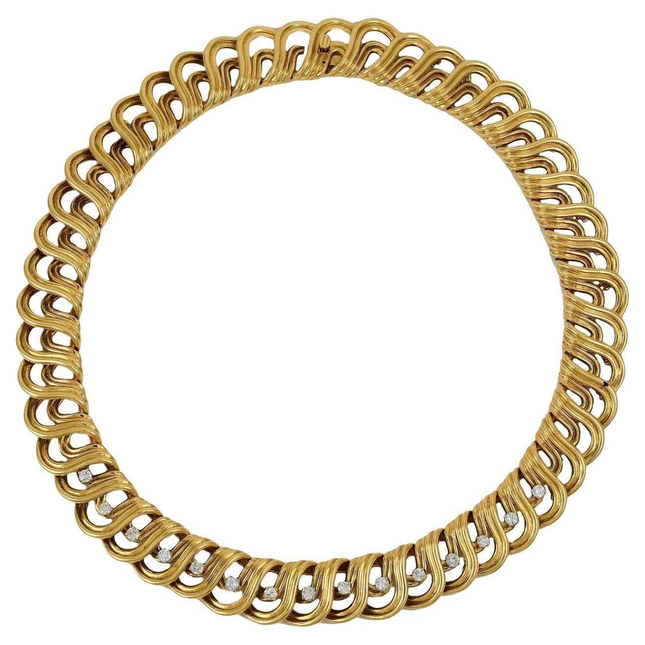 Collana francese d'epoca con diamanti in oro 18 carati, design a onde di metà secolo