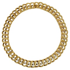 Collana francese d'epoca con diamanti in oro 18 carati, design a onde di metà secolo